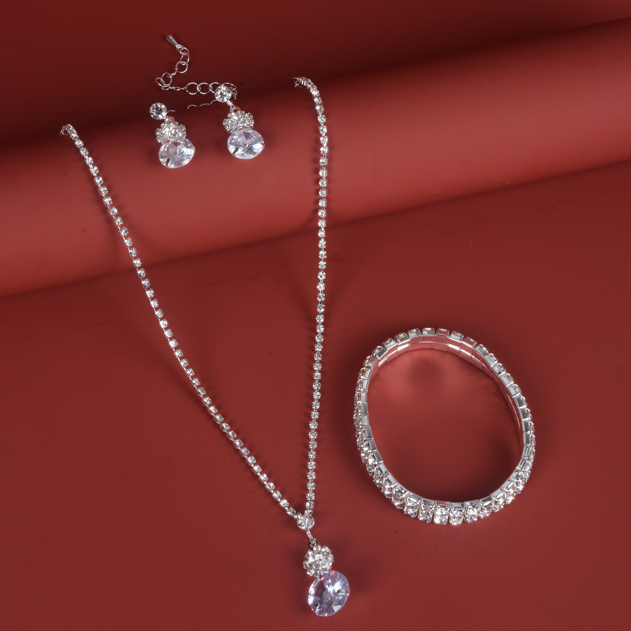 4pcs Silver Plated Rhinestone Jewelry Set for Women