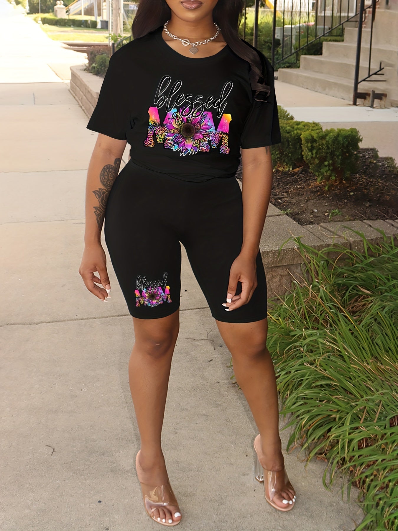  Flower & Letter Print Tee & Shorts 2 Piece Set