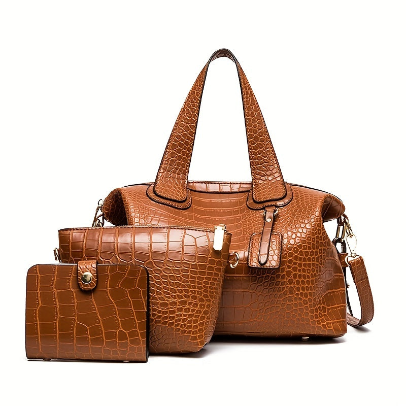 3Pcs Crocodile Embossed Bag Set Handbag With Crossbody Bag & Card Holder