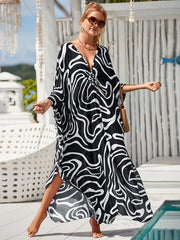  Abstract Linear Print V Neck Kaftan Dress