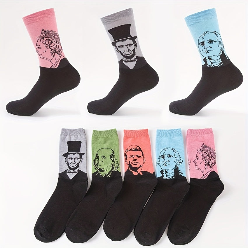 5 Pairs Portrait Print Socks Women's Mid Tube Stockings & Hosiery