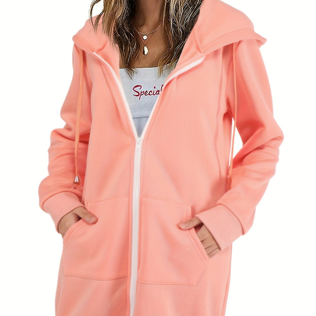 Solid Zip Up Long Length Hoodie Casual Long Sleeve Drawstring Hoodies Sweatshirt