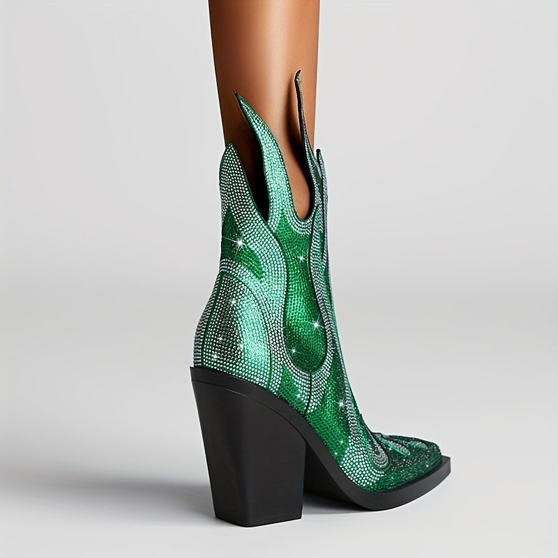 Women's Rhinestone Decor Flame Boots Party Chunky Heels