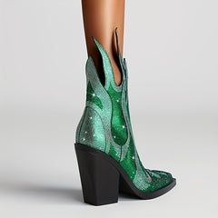 Women's Rhinestone Decor Flame Boots Party Chunky Heels