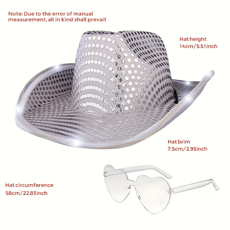 Y2K Cowboy Hat Sunglasses Set with LED Western Cowgirl Cap