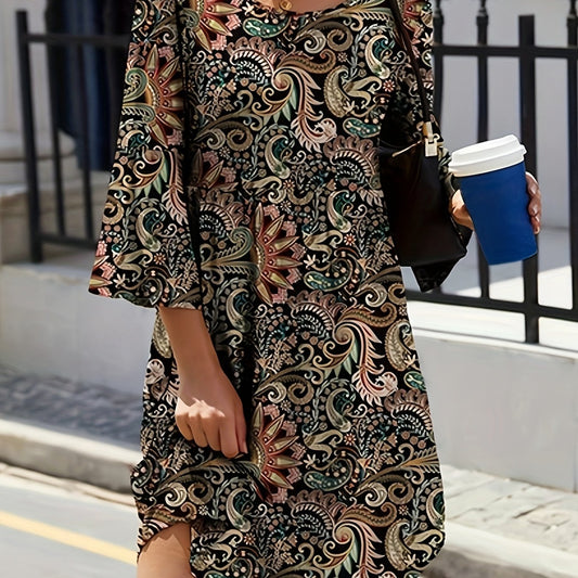  Boho Dress Women's Plus Paisley Print Bell Sleeve