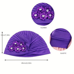 Rhinestone Flower Turban Cap Boho Elastic Head Wrap Beanie Head Scarf