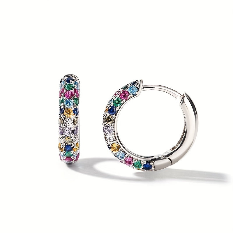 Men's Silver Plate Round Earrings Set with Colorful Zircon, Small Hoop