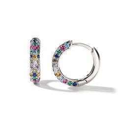 Men's Silver Plate Round Earrings Set with Colorful Zircon, Small Hoop