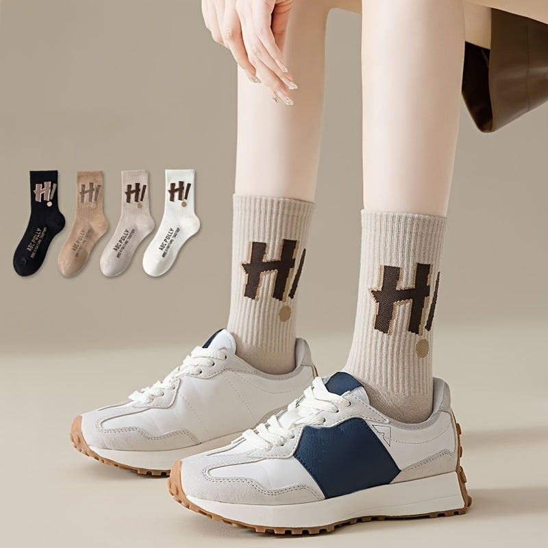 4 Pairs Letter Print Mid Tube Socks Women's Stockings