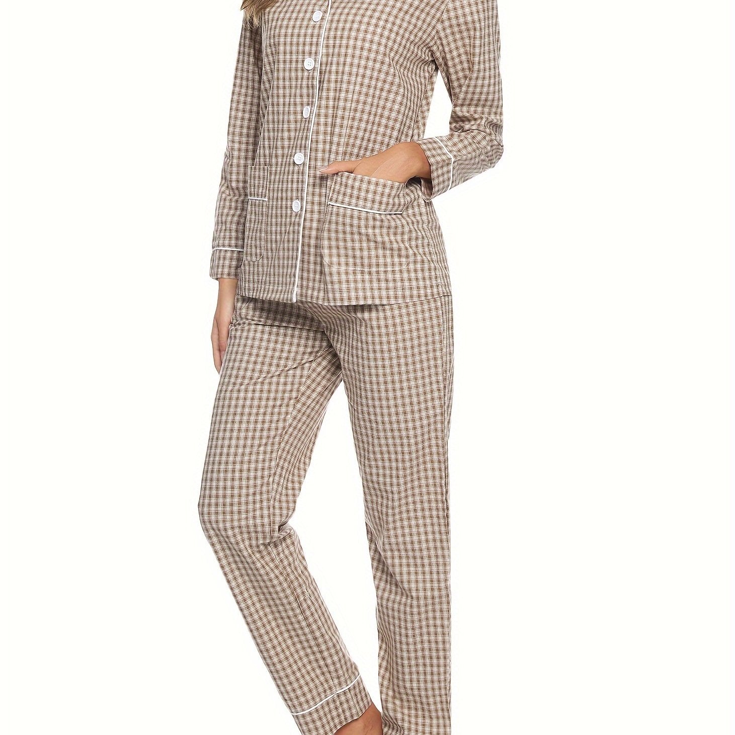 Plaid Print Lounge Set Long Sleeve Buttons Top & Elastic Waistband Pants