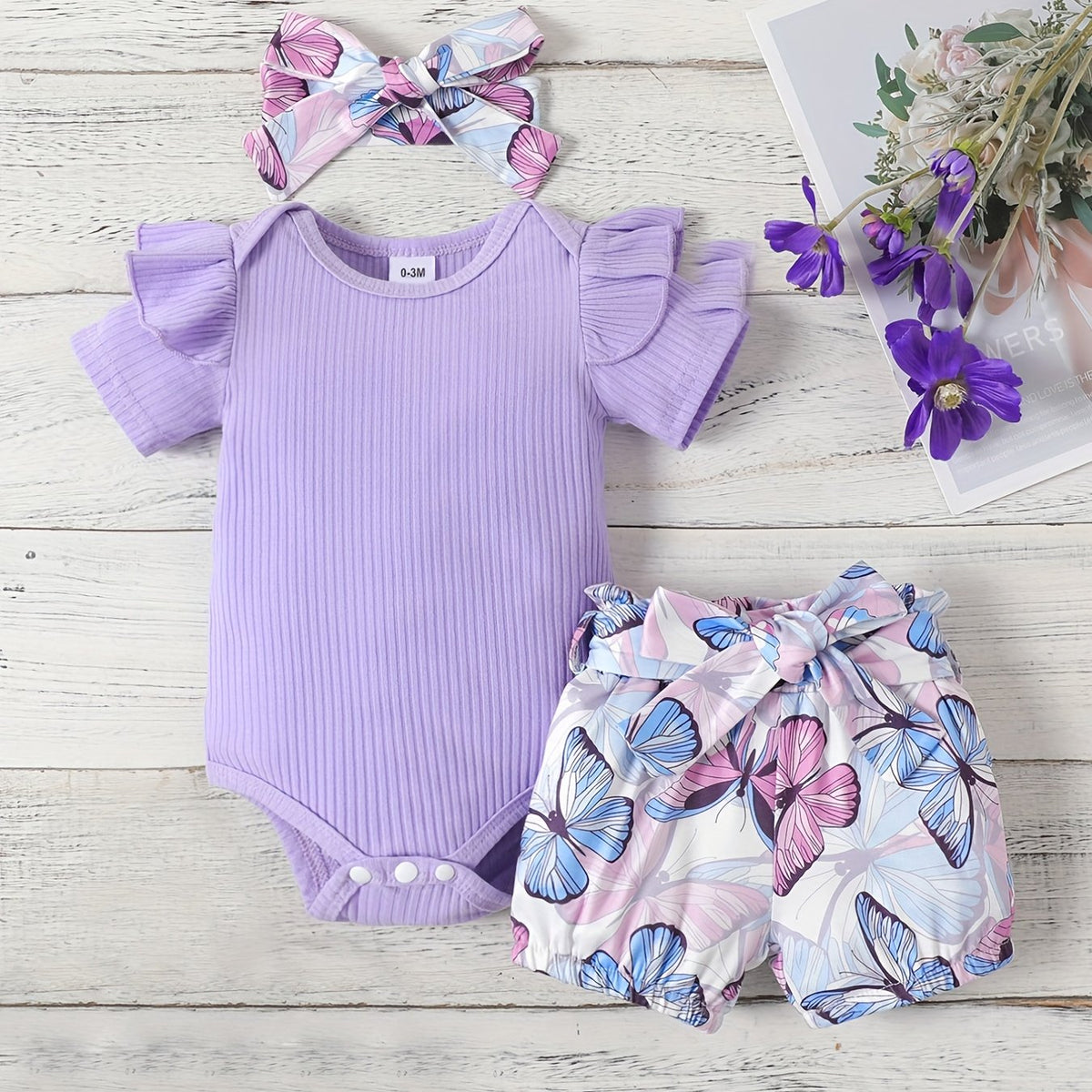 3pcs Baby Girls Short Sleeve Onesie & Butterfly Shorts Set