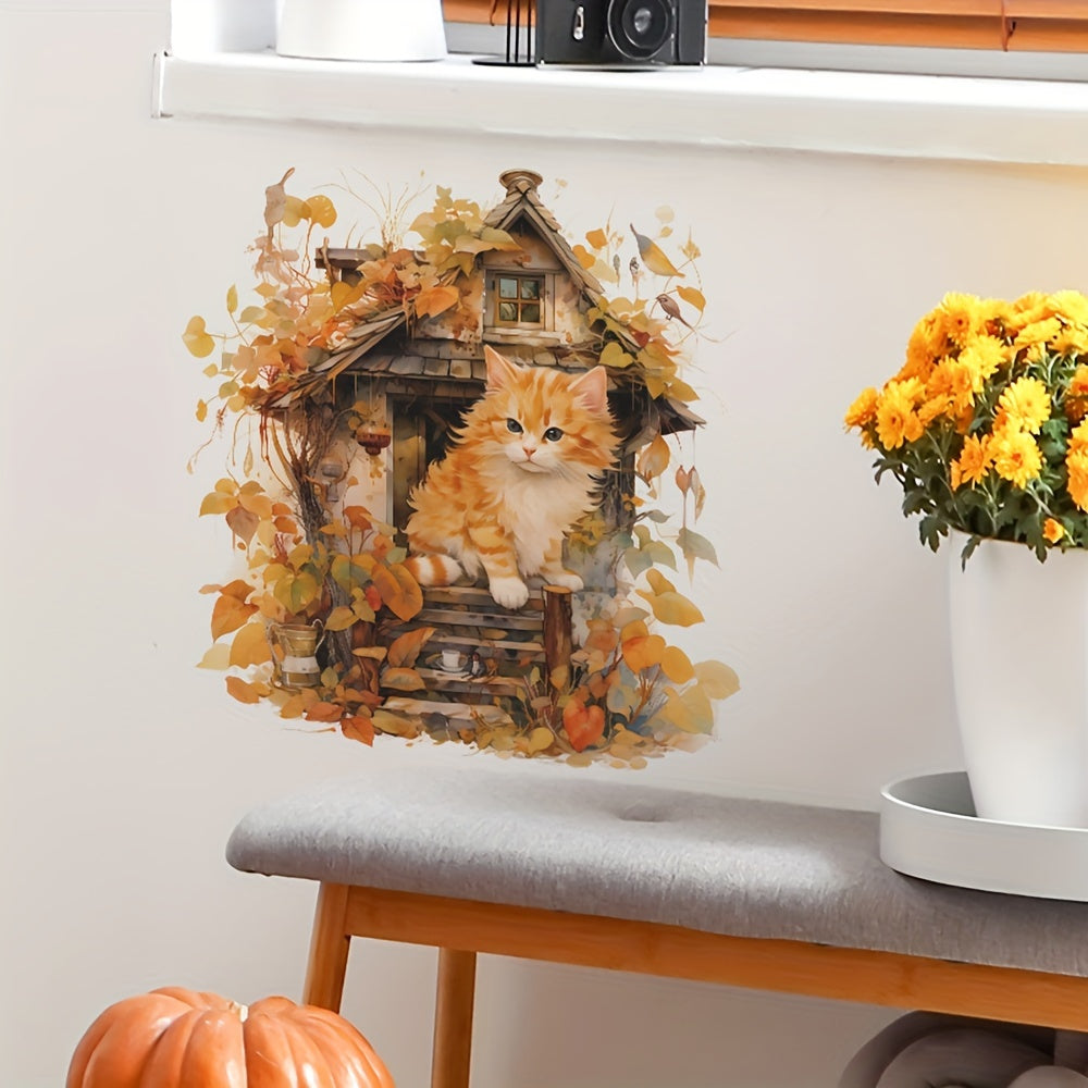 Cartoon Cat Wall Decal Maple Leaves Sticker Kitchen Living Room TV Sofa