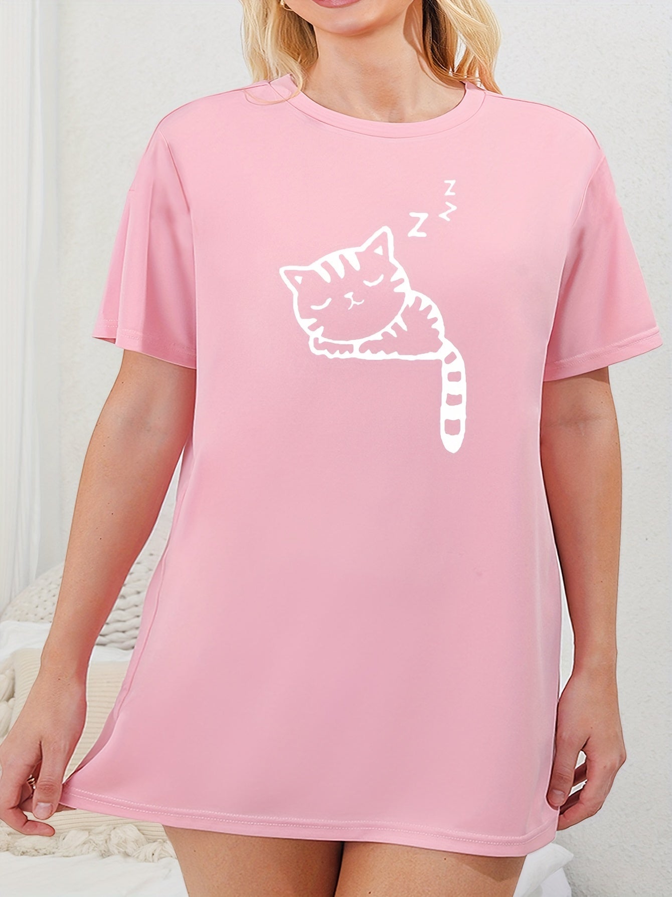  Cat Print Loungewear Dress Short Sleeve Round Neck Sleep Dress
