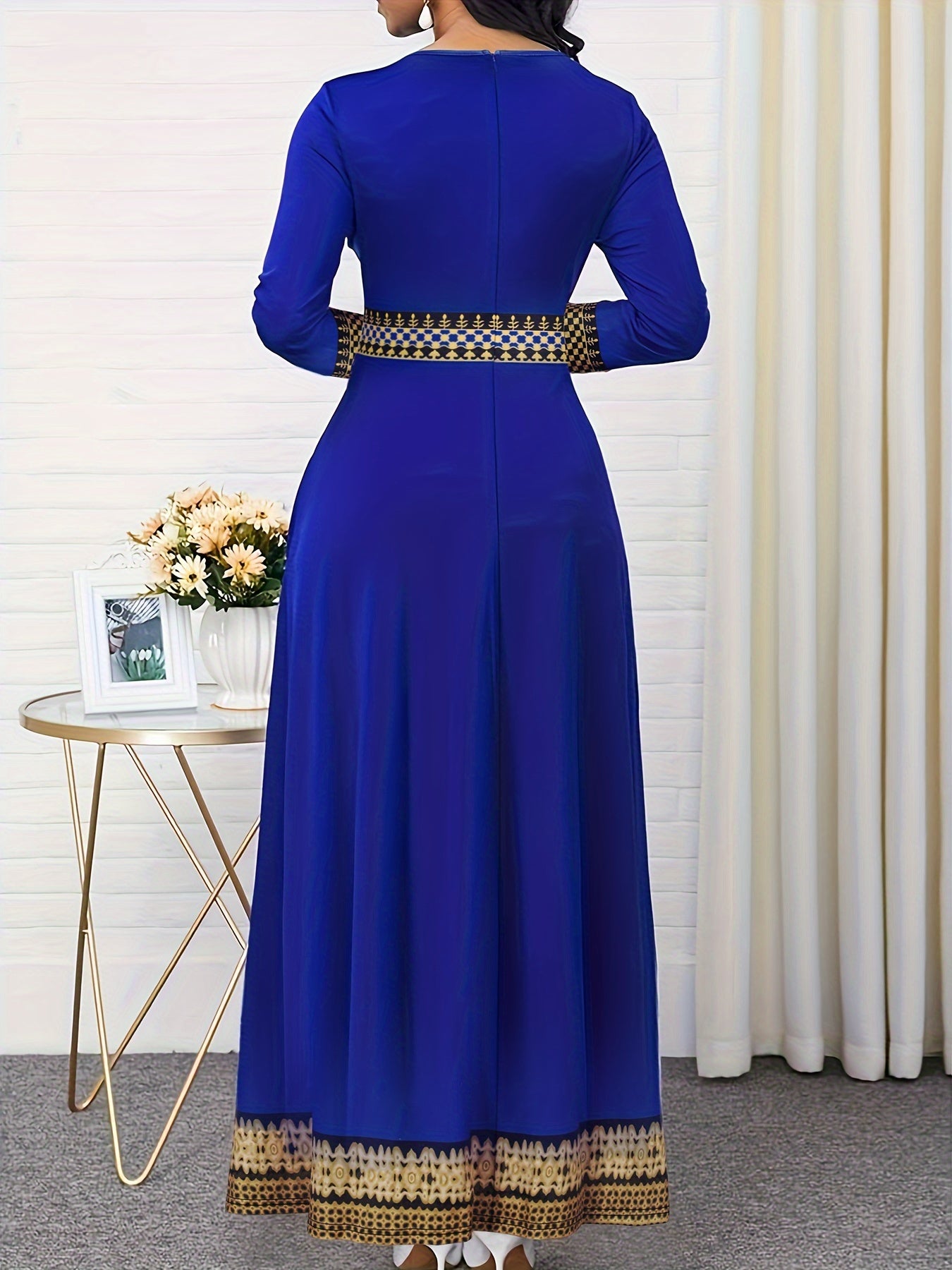  Ethnic Style Maxi Dress Colorblock Tribal Print Long Sleeve Round Neck