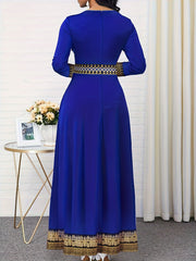  Ethnic Style Maxi Dress Colorblock Tribal Print Long Sleeve Round Neck