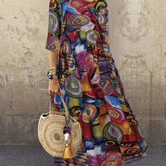  Boho Dress Abstract Print Half Sleeve Round Neck Maxi Dress