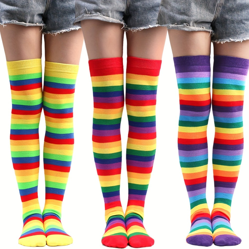 3 Pairs Rainbow Thigh High Socks & Over The Knee Stockings