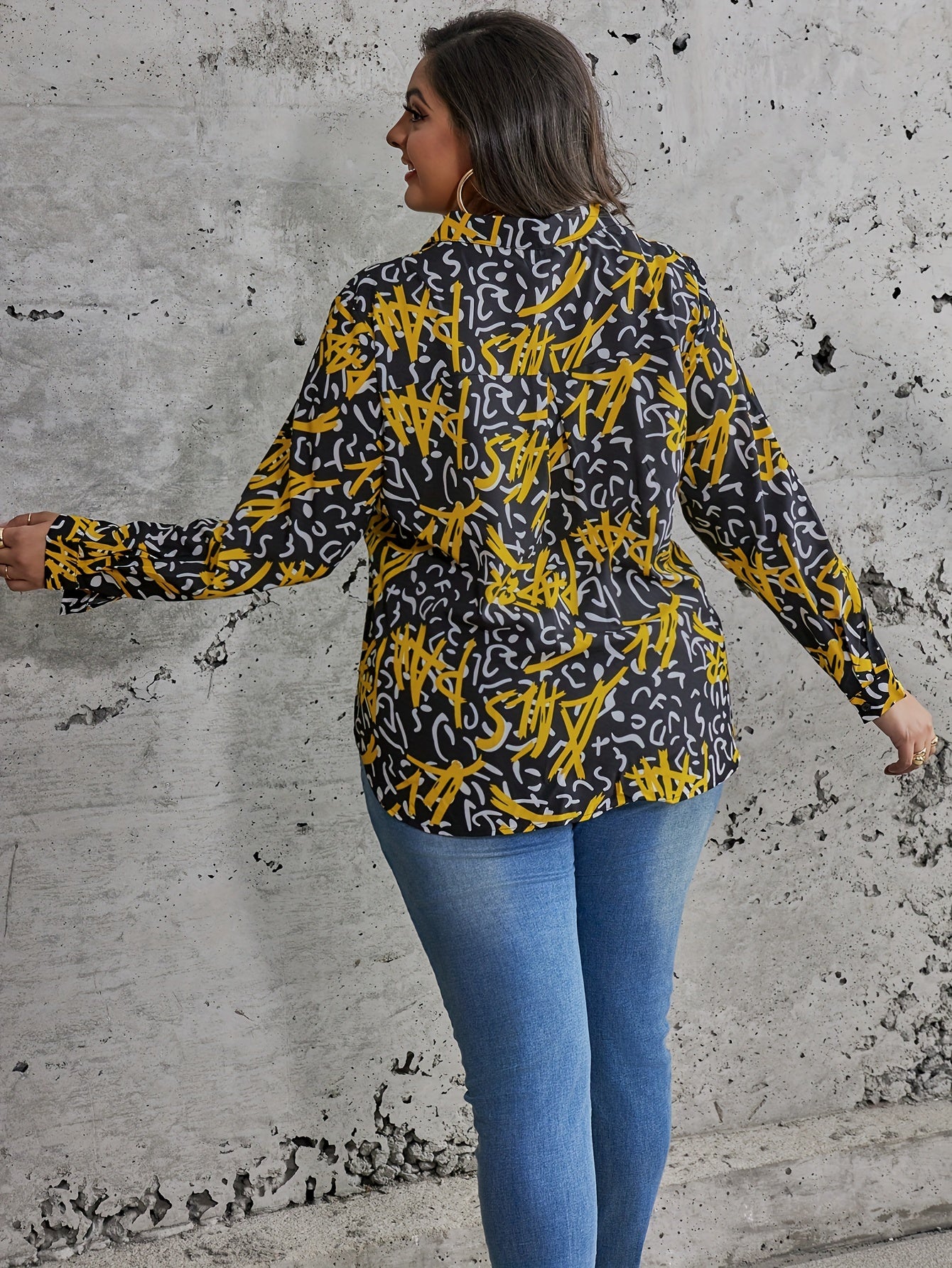  Graffiti Print Button Up Long Sleeve Blouse