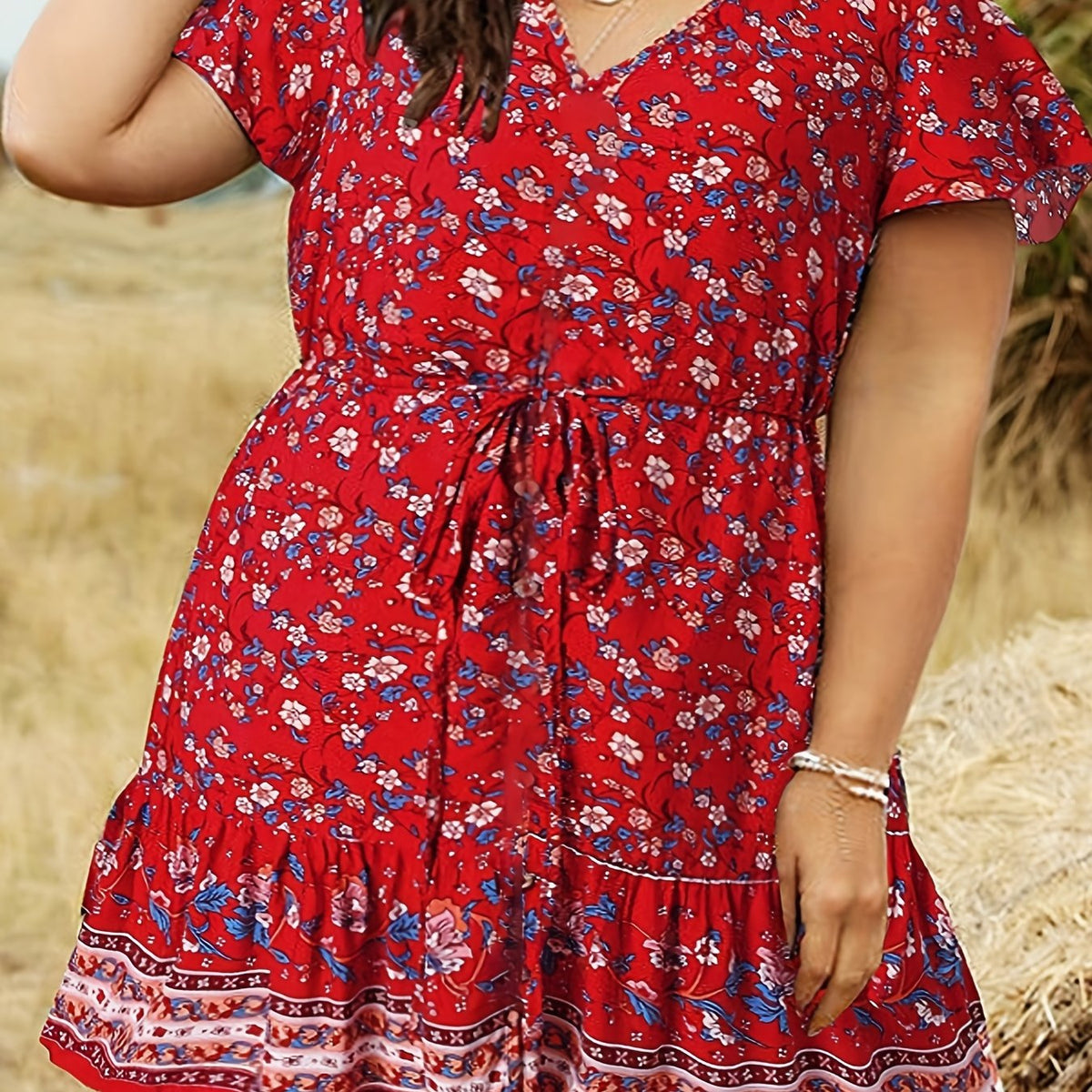  Boho Dress Women's Plus Floral Print Button Up Cap Sleeve V Neck