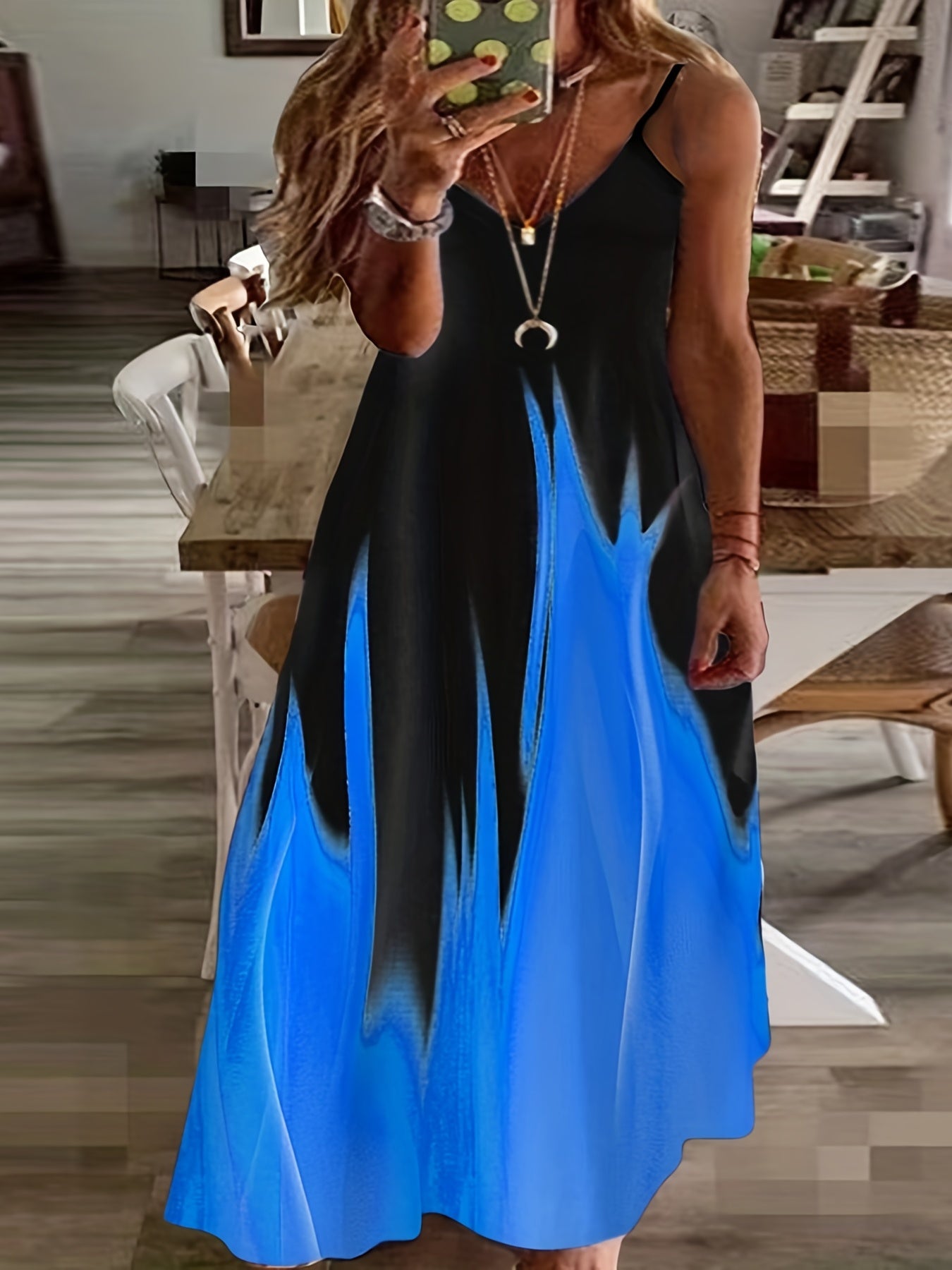  Colorblock Fire Print Maxi Cami Dress