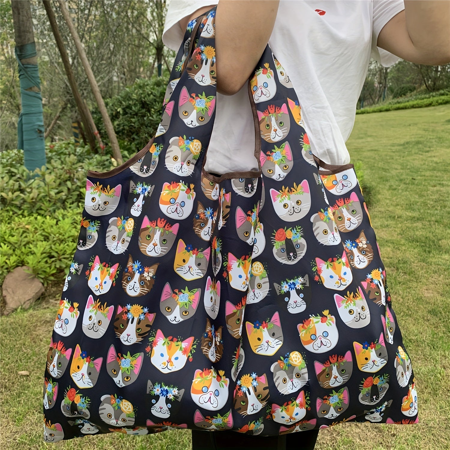 Cartoon Cat Pattern Foldable Tote Bag Large Capacity Portable Shoulder Bag