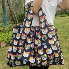 Cartoon Cat Pattern Foldable Tote Bag Large Capacity Portable Shoulder Bag