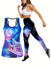  Sports Outfits Set Women's Plus Panting Print Racer Back Tank & Leggin