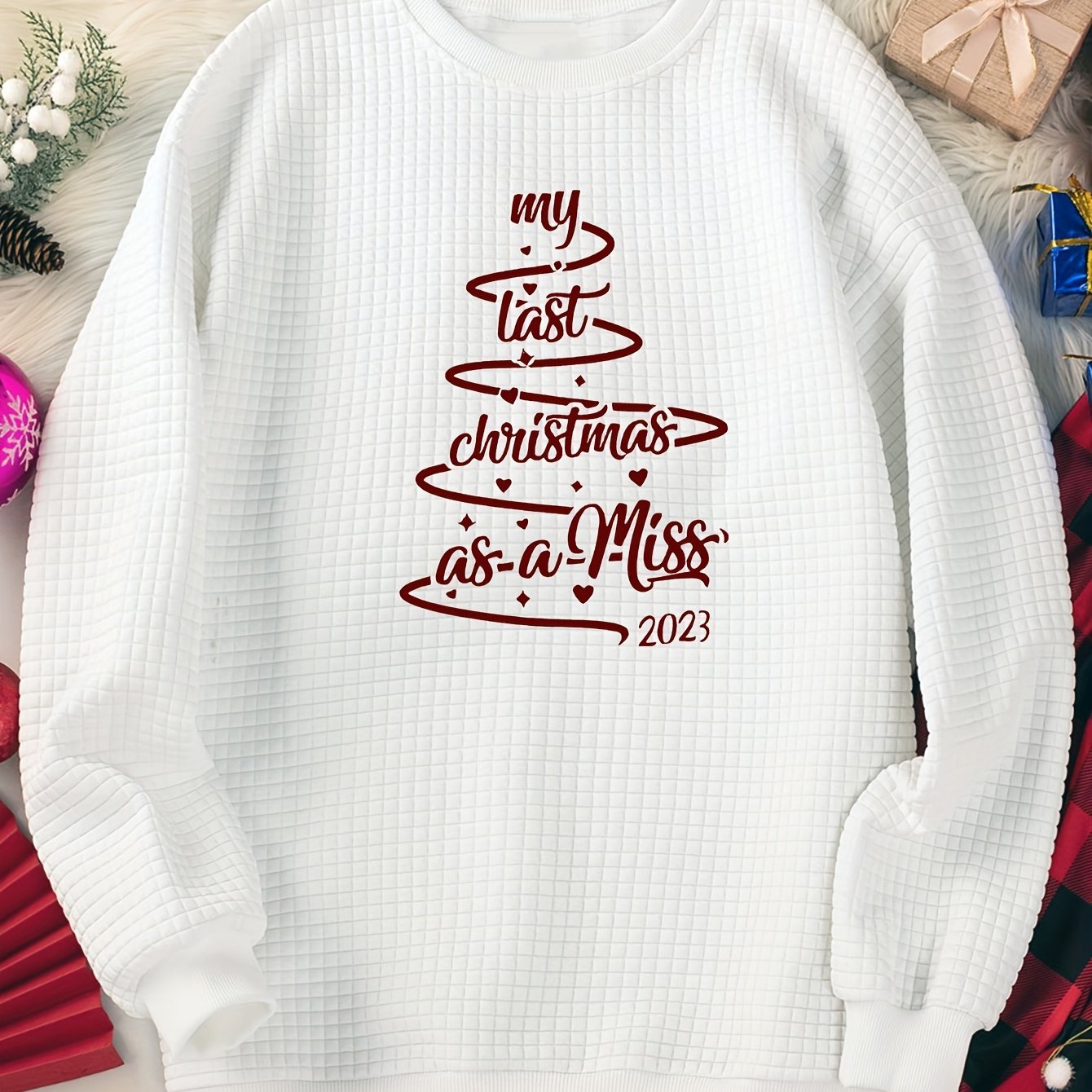  Christmas Lounge Top Women's Crew Neck Long Sleeve Waffle Pullover