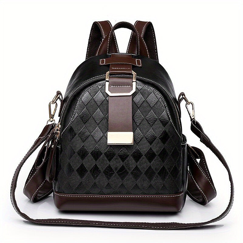 Small Rhombus Pattern Retro Backpack PU Leather Textured School Travel Bag