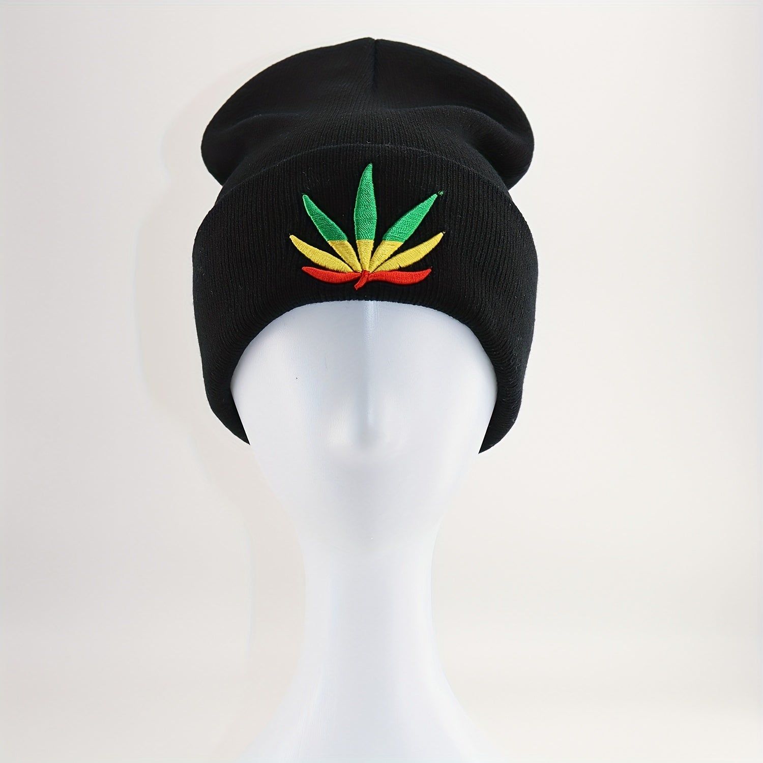 Leaf Embroidery Beanie Unisex Solid Knit Hat Warm Skull Cap