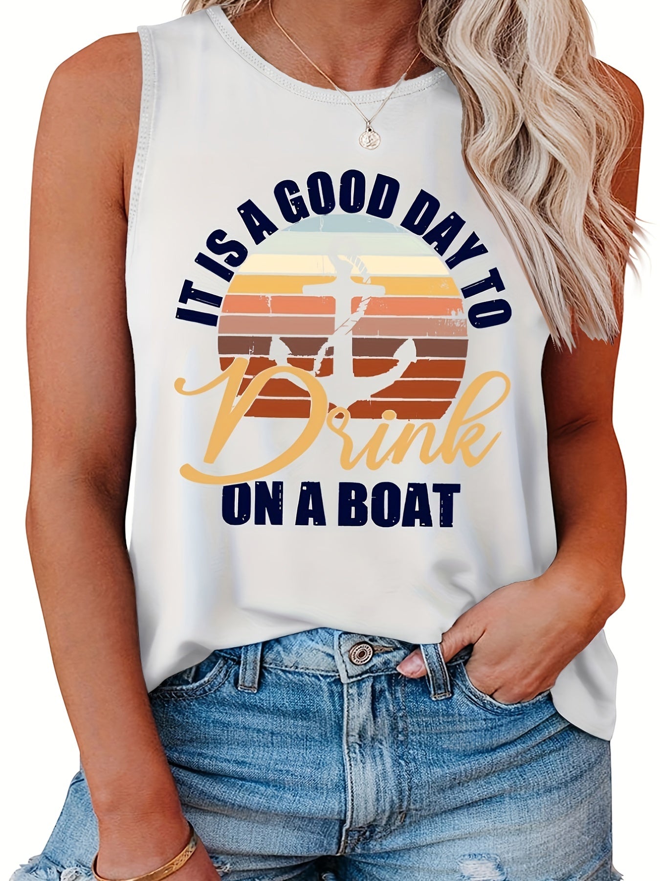  Anchor & Letter Print Tank Top