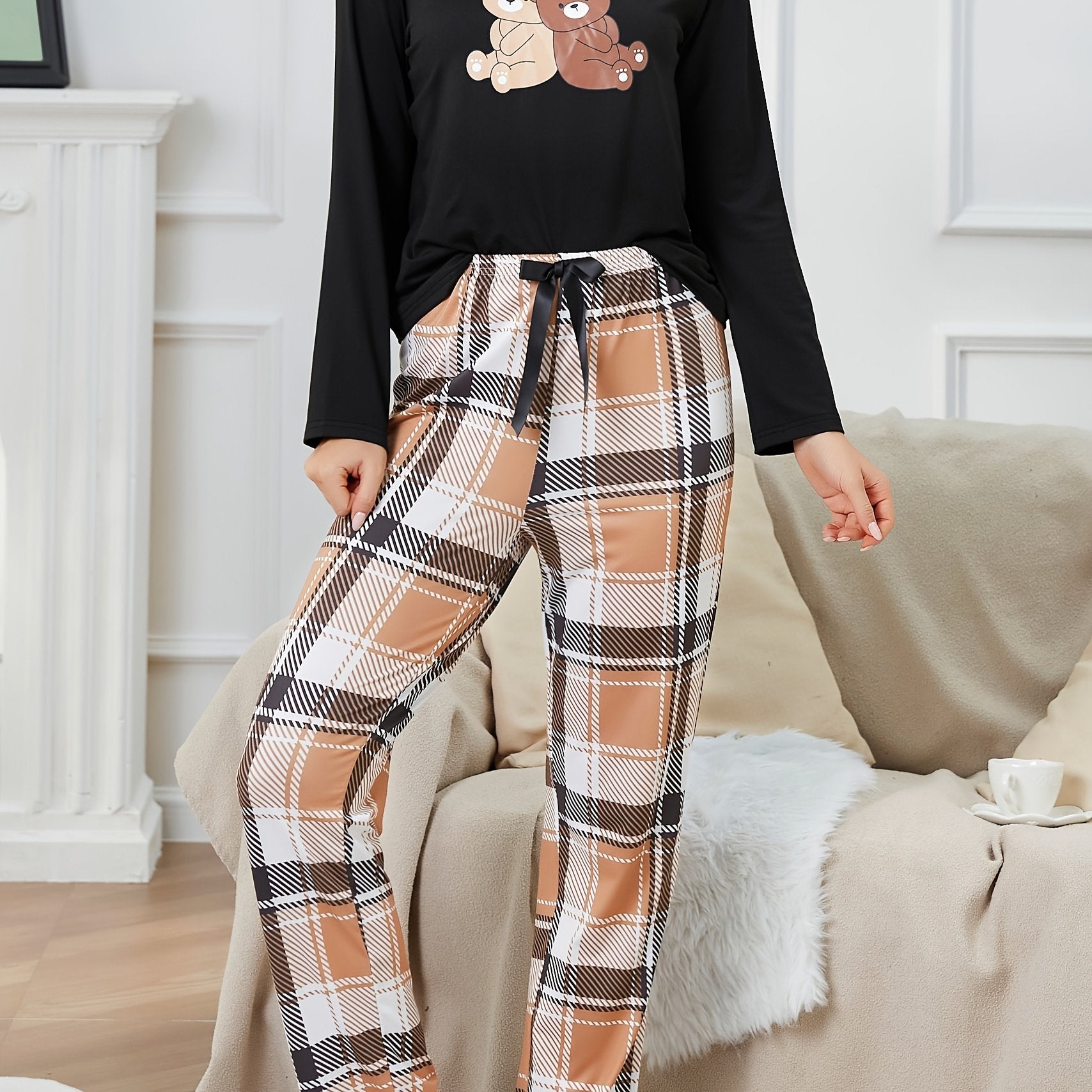 Bear Print Pajama Set Long Sleeve Top & Plaid Pants