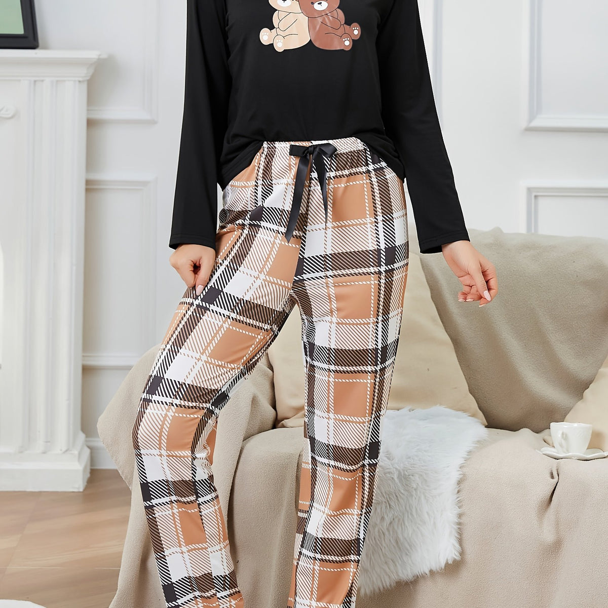 Bear Print Pajama Set Long Sleeve Top & Plaid Pants