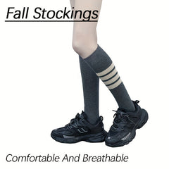 2 Pairs Striped Solid Calf Socks College Style Knee High Socks Women's Stockings