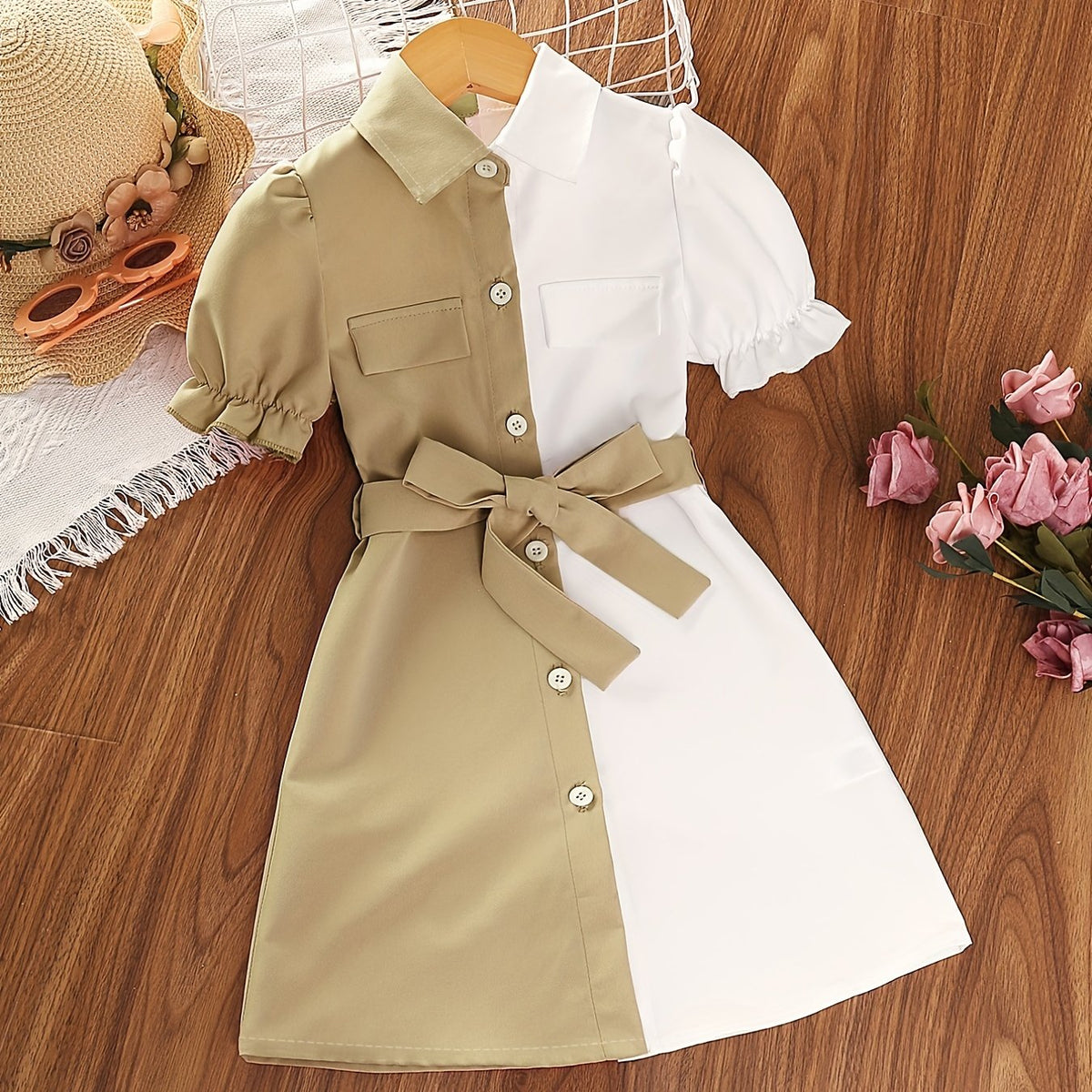Girls Causal Block Puff Sleeve Button Down Lapel Dress With Belt