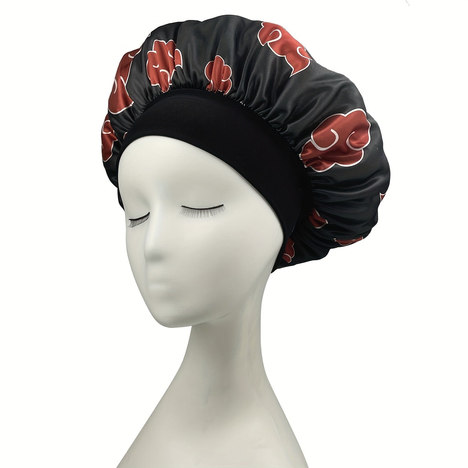 Red Cloud Printed Cosplay Bonnet Anime Shower Cap Satin Head Wrap Wide Headband