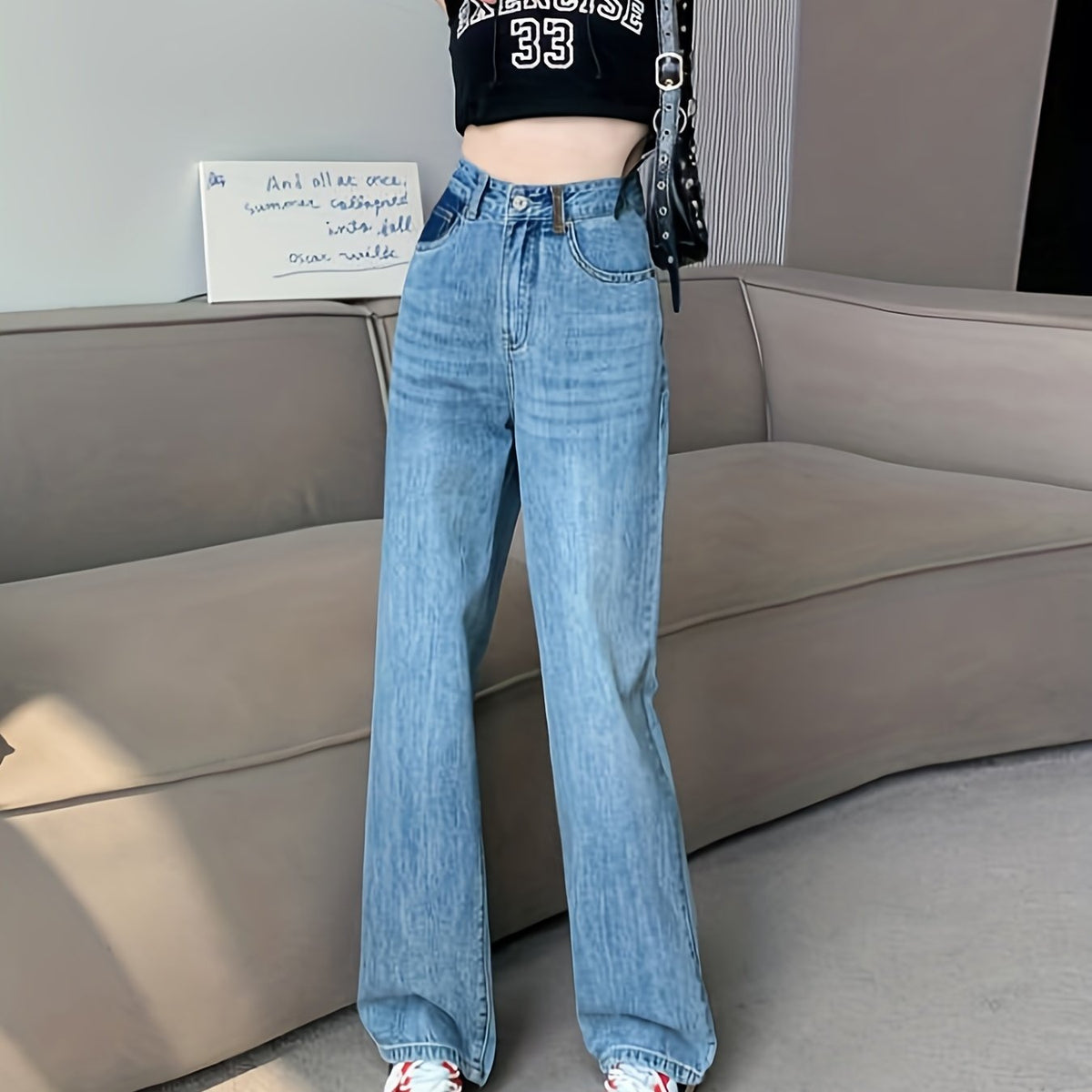 High Waist Wide Leg Jeans Contrast Pockets
