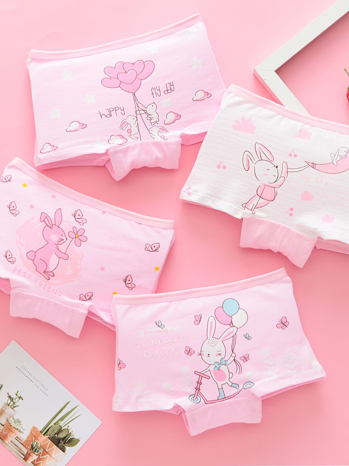 4pcs Girls Rabbit Print Shortie Brief Cotton Underwear