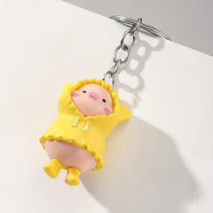 Cartoon Pig Raincoat Keychain Pendant Resin Doll Key Ring Bag Accessories