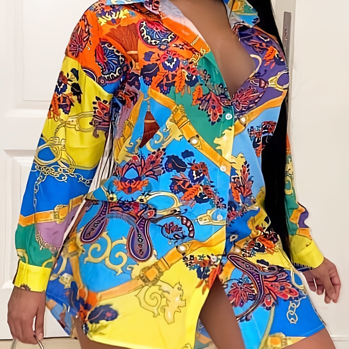  Paisley Floral Print Button Up Shirt Dress