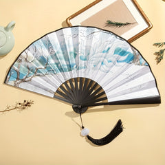 Chinoiserie Style Silk Fan Tassel Ink Painting Ancient Student Folding Fan
