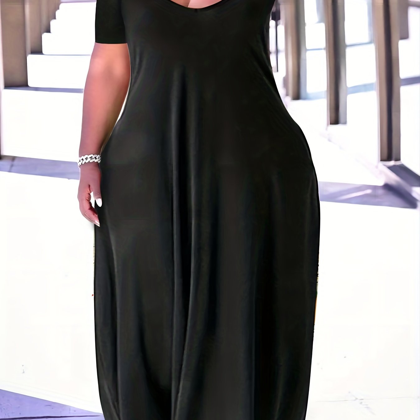  Women's Solid Short Sleeve V Neck Maxi Summer Dress