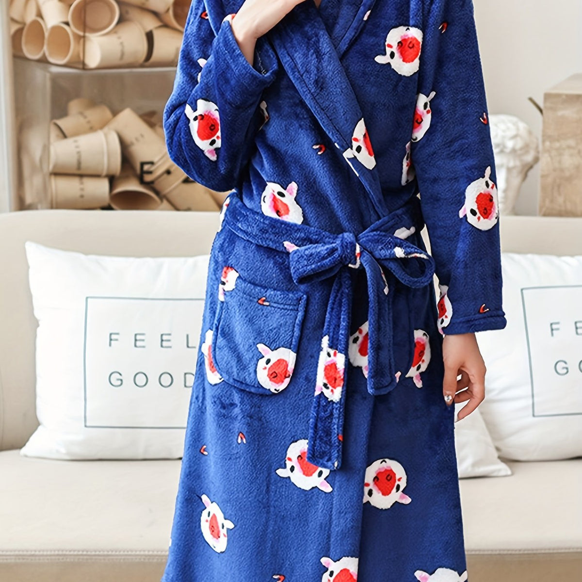 Women's Pig Print Fuzzy Lounge Robe Long Sleeve Warm Robe