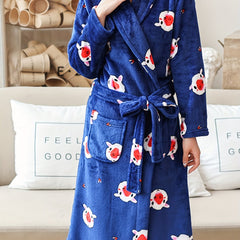 Women's Pig Print Fuzzy Lounge Robe Long Sleeve Warm Robe