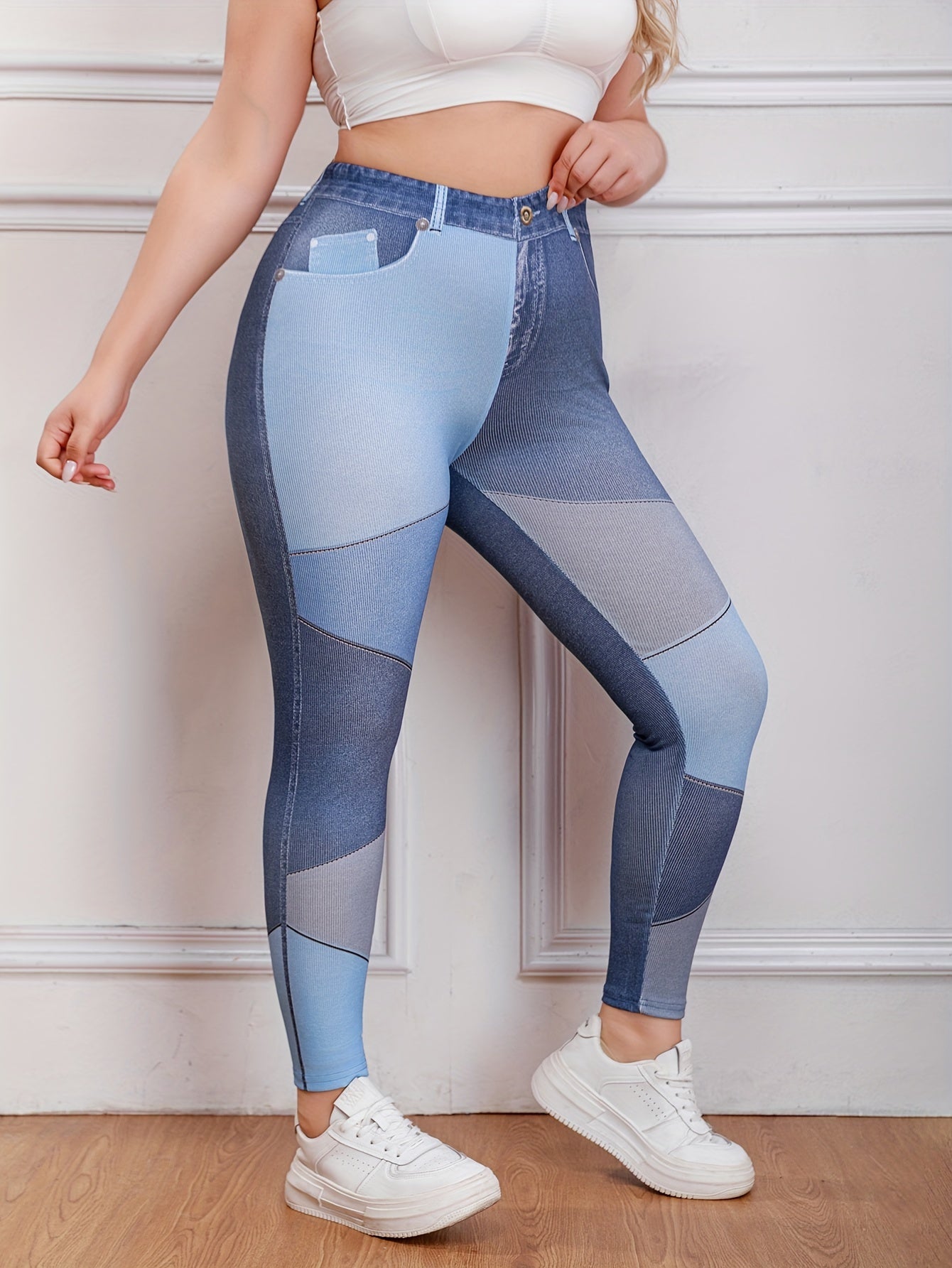  Casual Leggings Women's Plus Colorblock Denim Print