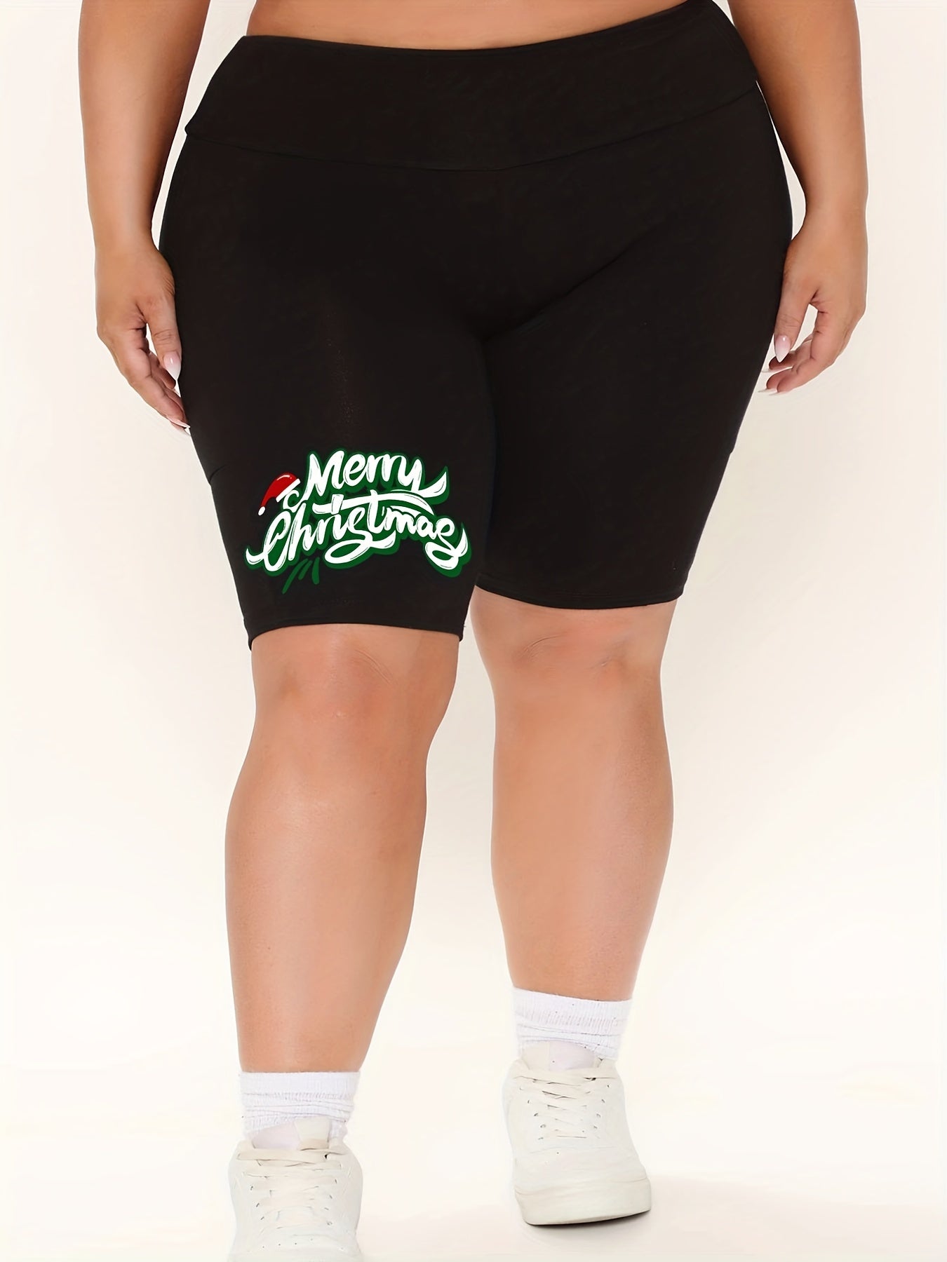 Christmas Casual Shorts Women's Plus Hat & Letter Print Biker Shorts