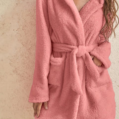 Plush Long Sleeve Hooded Bathrobe