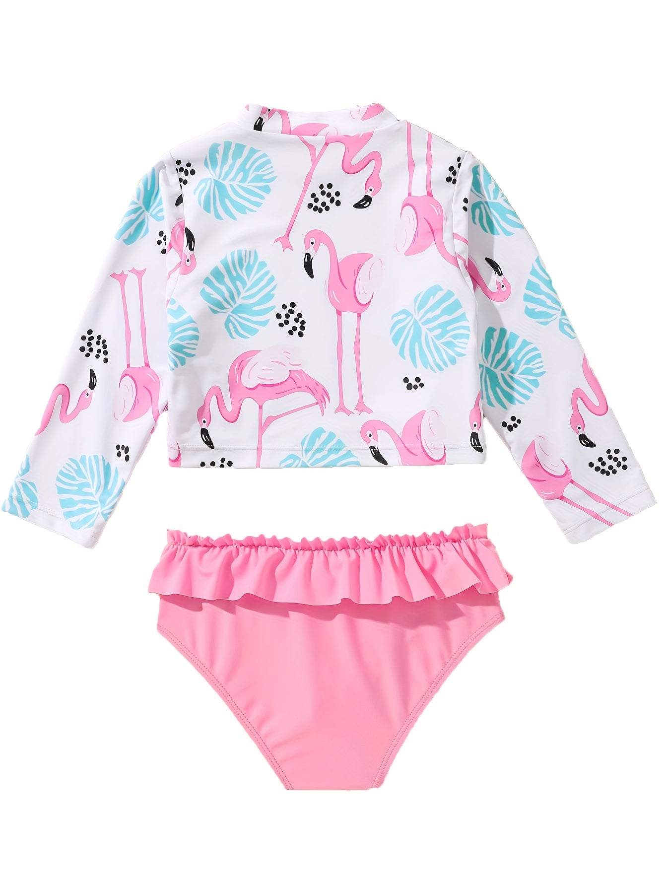 2pcs Girls Flamingo Sporty Swimsuit Set Long Sleeve Top Briefs