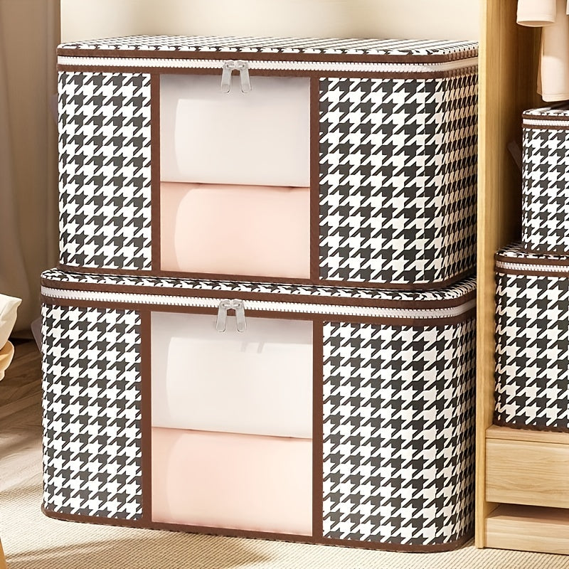 Stylish Houndstooth Storage Box for Clothes Toys Books - Durable Zipper